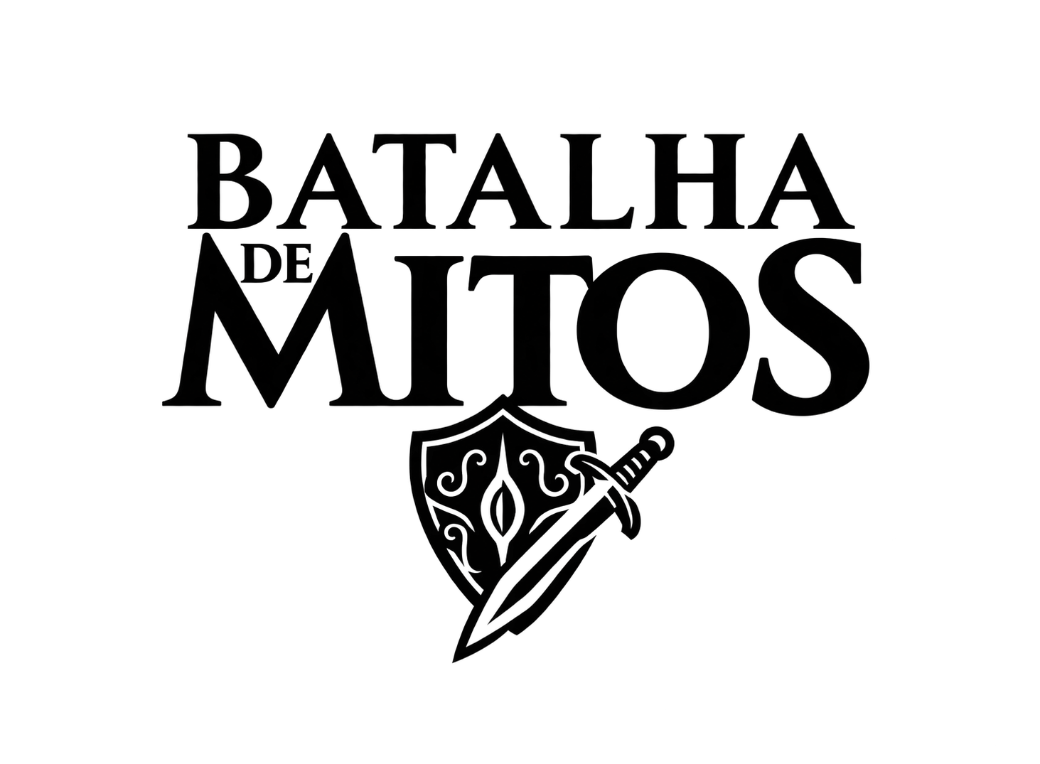 Releitura em preto e branco da primeira marca Batalha de Mitos, com letras clássicas, escudo e espada