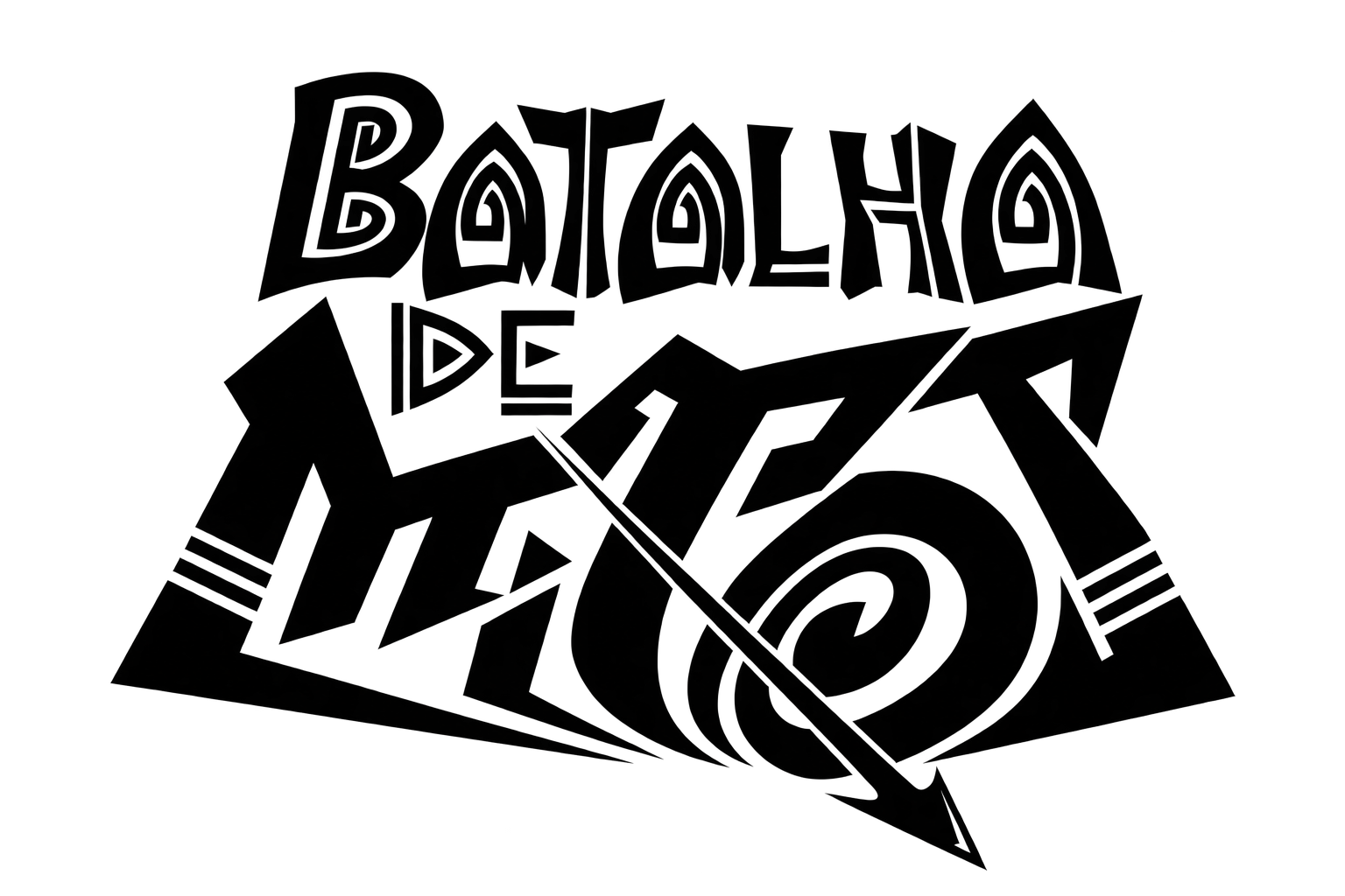 Releitura em preto e branco da marca Batalha de Mitos com letras angulares e composição dinâmica