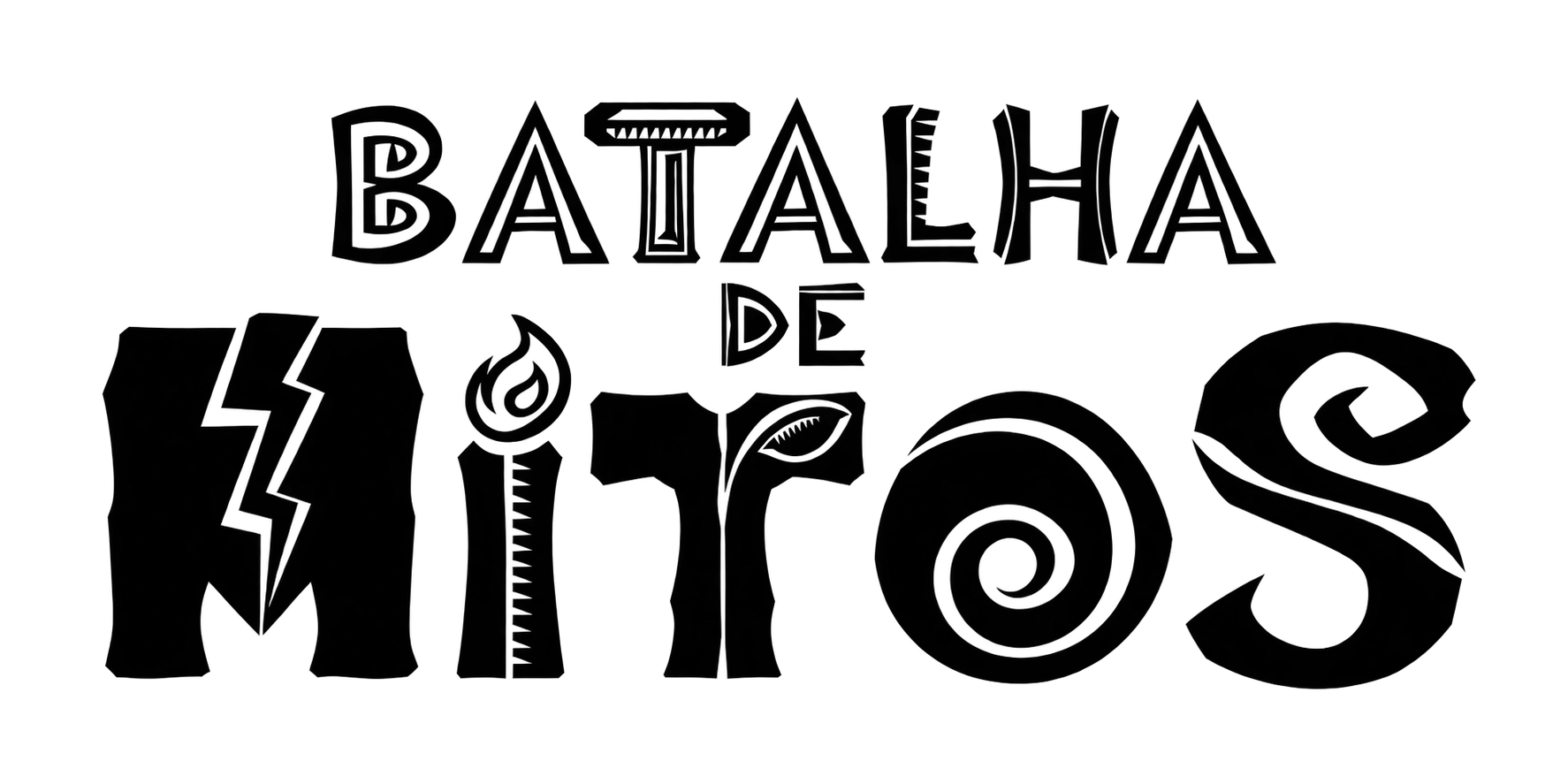 Releitura em preto e branco da marca Batalha de Mitos com raio, chama, olho e espiral integrados às letras